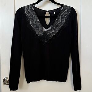 Anthropologie Mariana Pullover Black Sweater with Lace Trimmed V-Neck